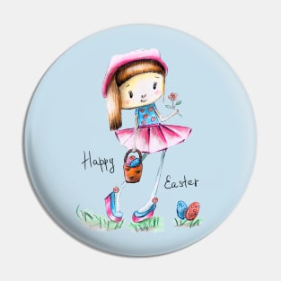 Cute girl in skirt and cap with basket of eggs Pin