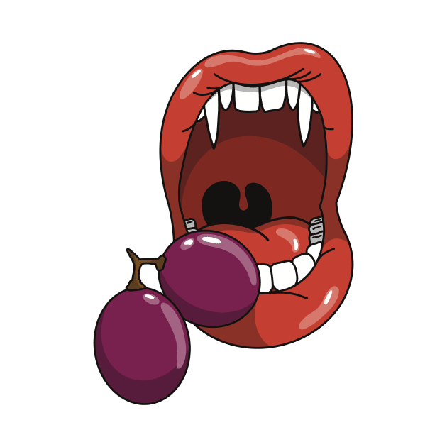 Mouth with vampire teeth about to take a bite into a purple grape by Fruit Tee