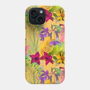 Elegant tropical flowers and leaves pattern purple illustration, yellow tropical pattern over a Phone Case