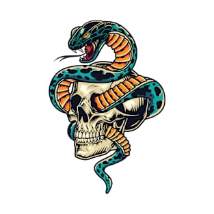 Serpentine Charm - Colorful Skull & Snake Tattoo Style Artwork T-Shirt