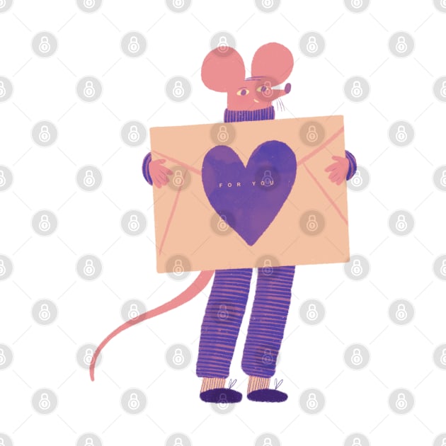 Cute mouse in purple with love letter for you by iulistration