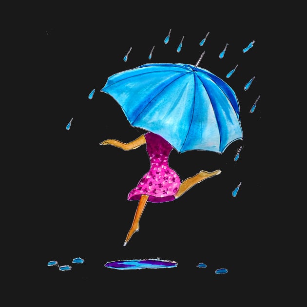 Girl Dancing in Rain With Umbrella by julyperson