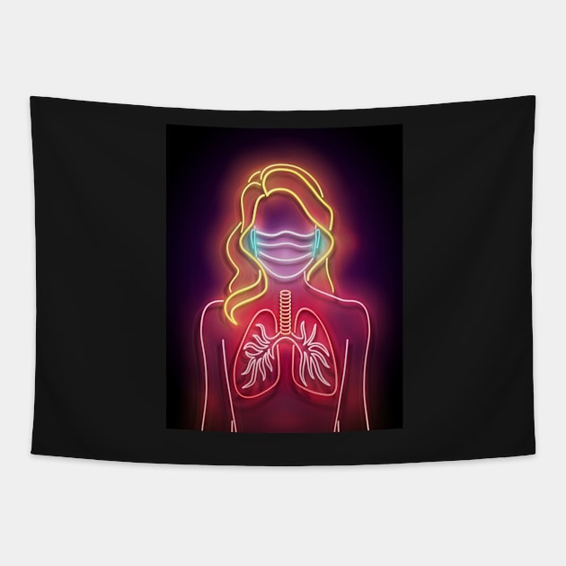 Glow Female Silhouette with Healthy Lungs and Face Mask Protective Tapestry by lissantee