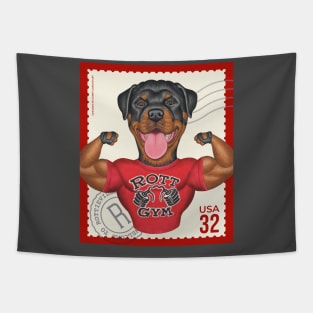 Funny Rottweiler with muscles on classic stamp Tapestry