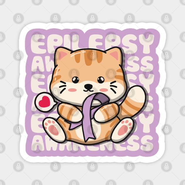 Cute Cat Holding Epilepsy Awareness Ribbon Magnet by Luna Illustration