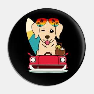 Surfer golden retriever driving to the beach Pin