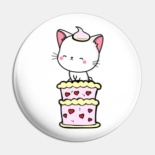 Funny white cat jumping out of a cake Pin