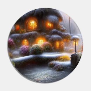 Magical Fantasy House with Lights in a Snowy Scene, Fantasy Cottagecore artwork Pin