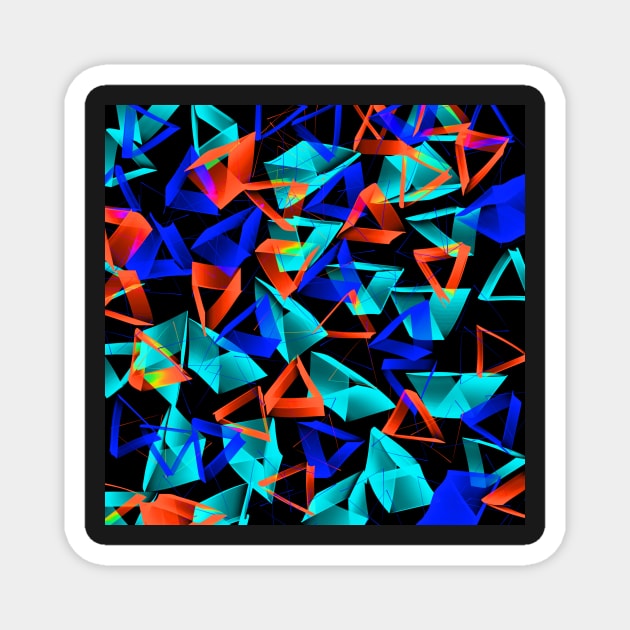 3D Blue Aqua and Orange Triangles on Black Abstract Magnet by Klssaginaw