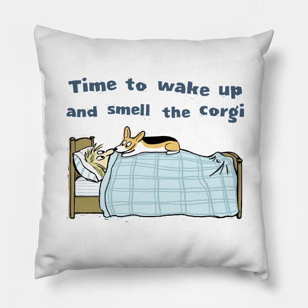 Cute Corgi Cartoon | Wake Up and Smell the Corgi Pillow by Coffee Squirrel