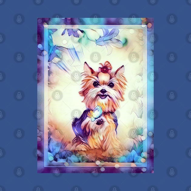 SUMMERTIME YORKIE. Yorkshire Terrier in a field of butterflies and flowers. by chepea2