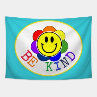 Be Kind Rainbow Smiley Face Flower Tapestry