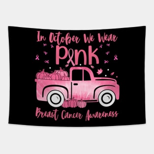 In October We Wear Pink Ribbon Plaid Truck Breast Cancer Tapestry