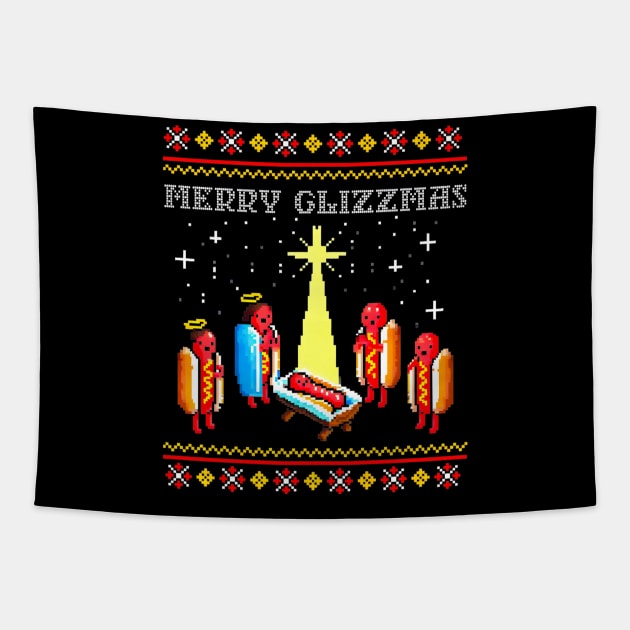 Merry Glizzmas Tacky Funny Merry Christmas Hot Dogs Tapestry by TrikoNovelty