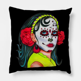 Dia De Los Muertos Skull Girl with Roses Pillow