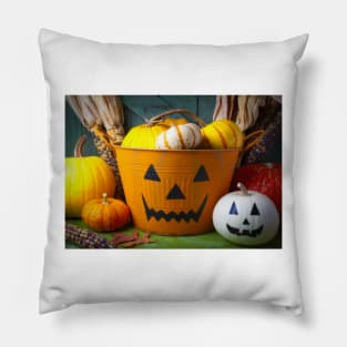 Halloween Bucket And Pumpkin Still Life Pillow