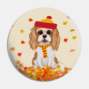 Blenheim Cavalier King Charles Spaniel in Fall Leaves Pin