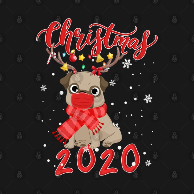 Cute Pug Dog Christmas 2020 Dog Wearing A Face Mask by Christyn Evans