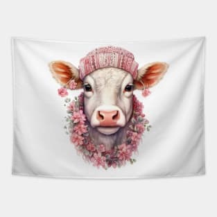 Pink Christmas Cow Tapestry