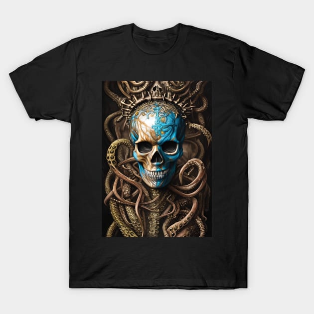 Blue and Gold Skull | Skull and Tentacles Artwork | Armored Skull |  Dystopian Skull | Warrior Skull | Poster