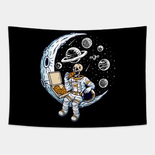 Funny Skeleton Astronaut Eating Pizza on a Dead Moon Tapestry