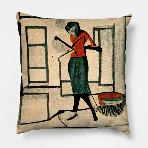 Old fashioned sketch graphic of woman in her house. Pillow by Liana Campbell