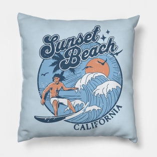 1970s Vintage Surfing Sunset Beach, California Retro Sunset // Old School Surfer // Surf California Pillow