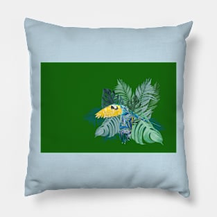 Tropical Marbled Paper Parrot with Jungle Leaves-Green Pillow