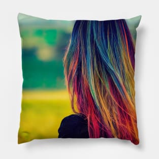Woman with colorful hair at farm Pillow