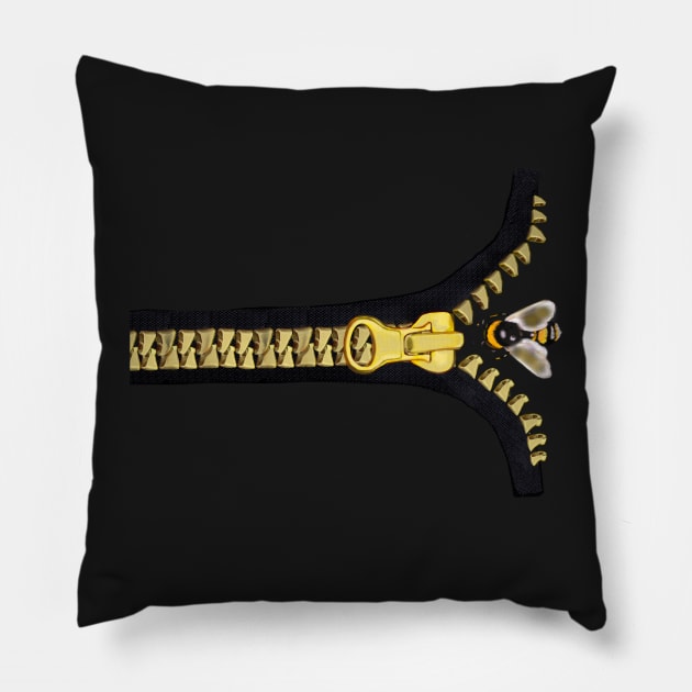 Bee themed gifts for women, men and kids. Black with gold zipper and bee flying in, save the bees Pillow by Artonmytee