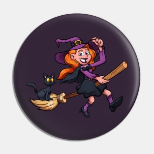 Cute Witch On Broom With Black Cat Pin