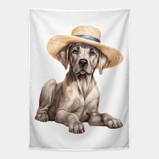 Watercolor Great Dane Dog in Straw Hat Tapestry