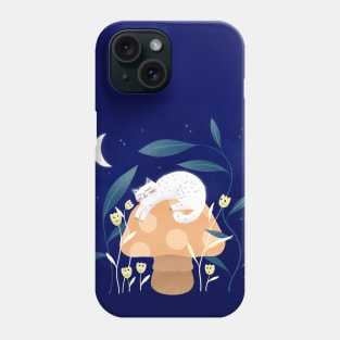 Cute white cat sleeping, mushroom and curious flowers version 2 Phone Case
