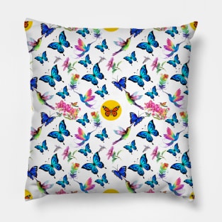 Butterflies hummingbirds and blooming flowers pattern Pillow