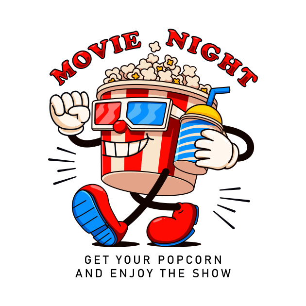 Movie night. Popcorn cartoon mascot will watch the movie by Vyndesign