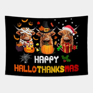 Happy Hallothanksmas Highland Cow Print Halloween Christmas T Shirt Tapestry