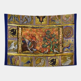 MEDIEVAL BESTIARY,RED DRAGON ,TREE OF LIFE AND BIRDS ,FANTASTIC ANIMALS IN GOLD RED BLUE COLORS Tapestry