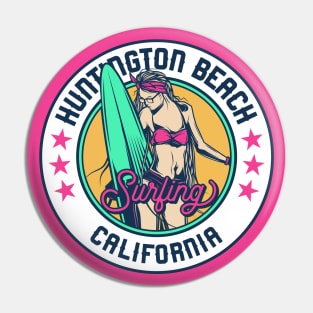 Retro Surfer Babe Badge Huntington Beach California Pin