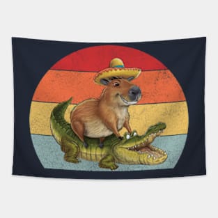 Funny Capybara Riding On a Crocodile Cute animals Tapestry