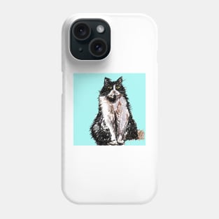 Tuxedo Cat Cute Drawing - on Turquoise Phone Case