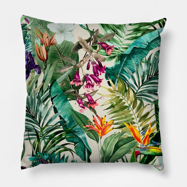 Elegant Tropical floral leaves and foliage botanical illustration, botanical pattern, tropical plants, beige  leaves pattern over a T-Shirt Pillow by Zeinab taha