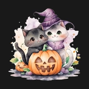 Cute Witch Cat and Pumpkin Halloween T-Shirt