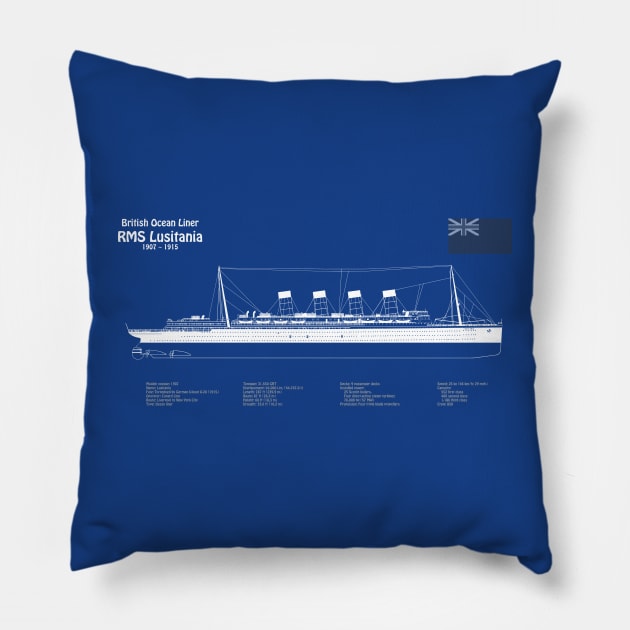 RMS Lusitania ship plans. Cunard Ocean Liner -  ADpng Pillow by SPJE Illustration Photography