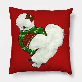 White Silkie Chicken In An Ugly Christmas Sweater With Bow Pillow