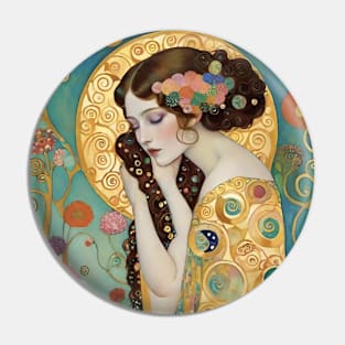 Gustav Klimt's Radiant Muse: Inspired Woman in Golden Splendor Pin