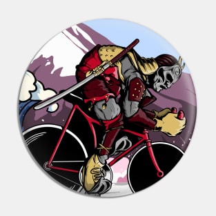 Japanese Samurai Cycling through Rushing Waves Pin