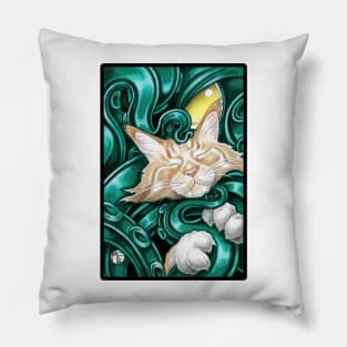 Ginger Cat And Cthulhu Friend - Black Outlined Version Pillow