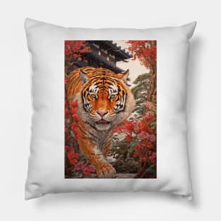 Red Flowers Tiger Pillow