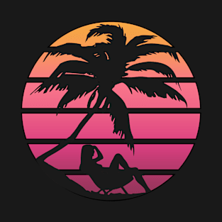 Pink Synth Inspired Beach Sunrise Silhouette T-Shirt