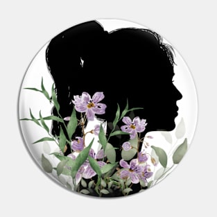 A girl silueth with watercolor flowers and leaves Pin